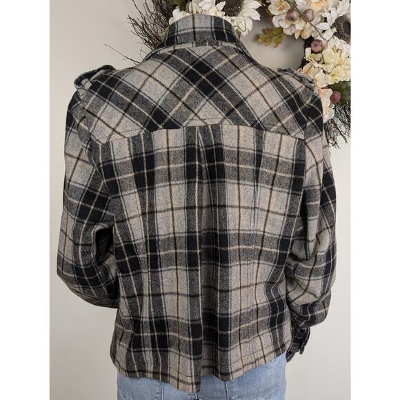 Rough Hewn Wool Blend Plaid Button Jacket XL Short Moto Peacoat Black Gray Tan - Picture 9 of 13